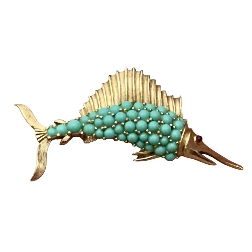 VTG Crown Trifari 1950s Turquoise Gold Tone Swordfish Marlin Brooch Pin Signed